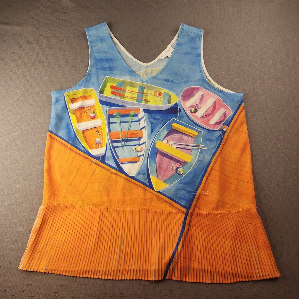 Ellen Negley Art & Sol Fishing Beach Boat Print Pleated Silk Blend Top XL